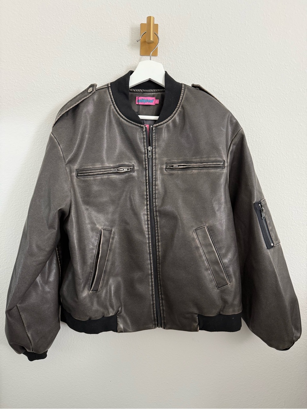 Edikted Vava Washed Faux Leather Bomber Jacket Gray Size S